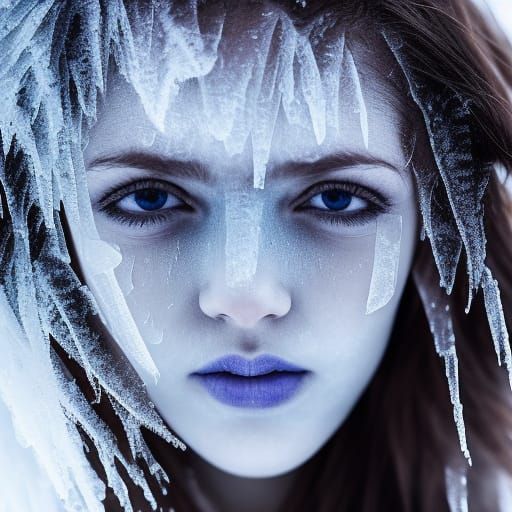 Frozen Woman Portrait Under Ice, Detailed Photo