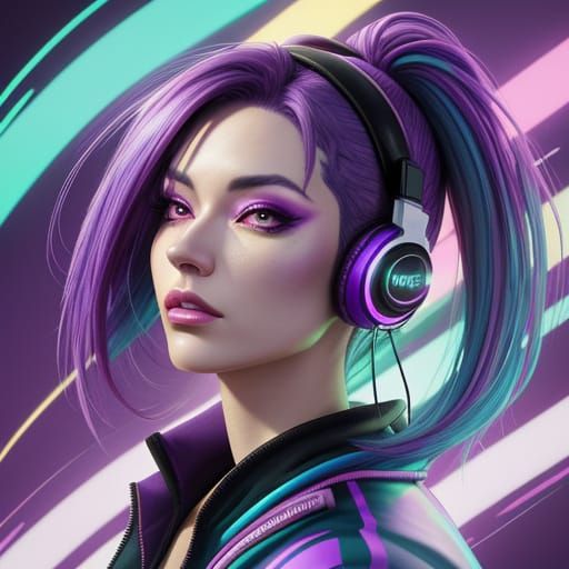 Anime Woman Listening to Music in Neon Digital Art