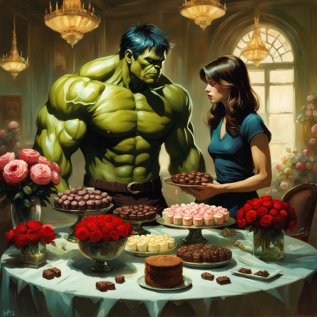 Hulk and Betty Ross standing next to a beautifully arranged table with Chocolate Candy and a bouquet of roses reimagined...