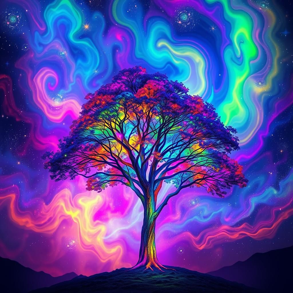 Rainbow Tree Under Neon Aurora Sky