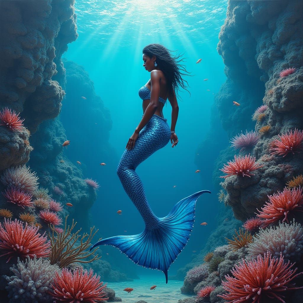 Fantastical Coral Reef Oil Painting with Mermaid