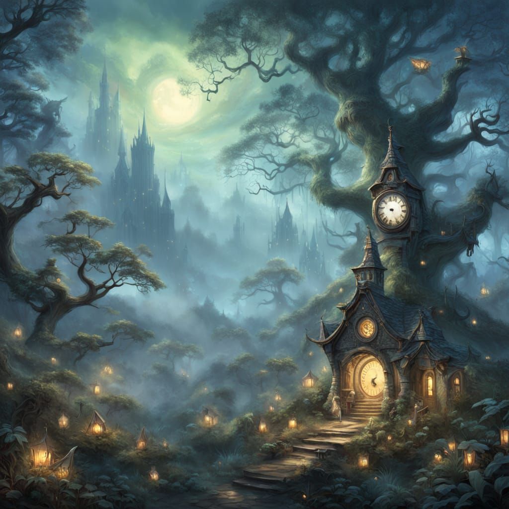 Ethereal Clock Face with Animal Digits in Misty Forest