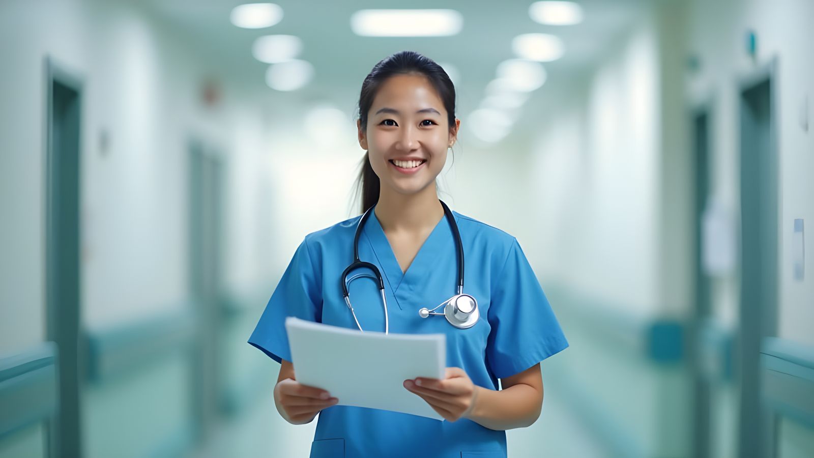Friendly Nurse in Modern Hospital Corridor