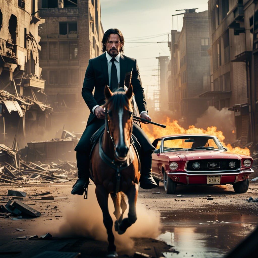 John Wick Drives Mustang in Apocalyptic City