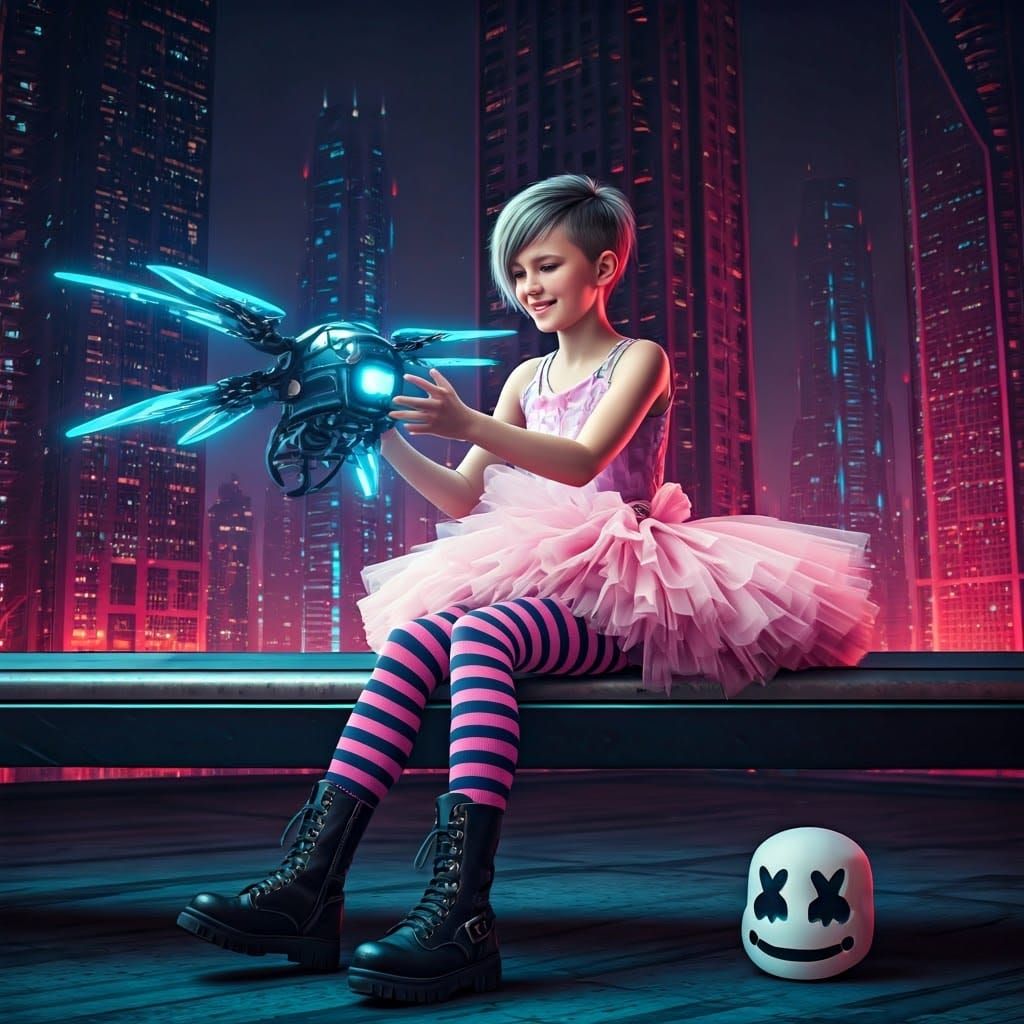 Girl with Drone in Futuristic Cyberpunk Cityscape