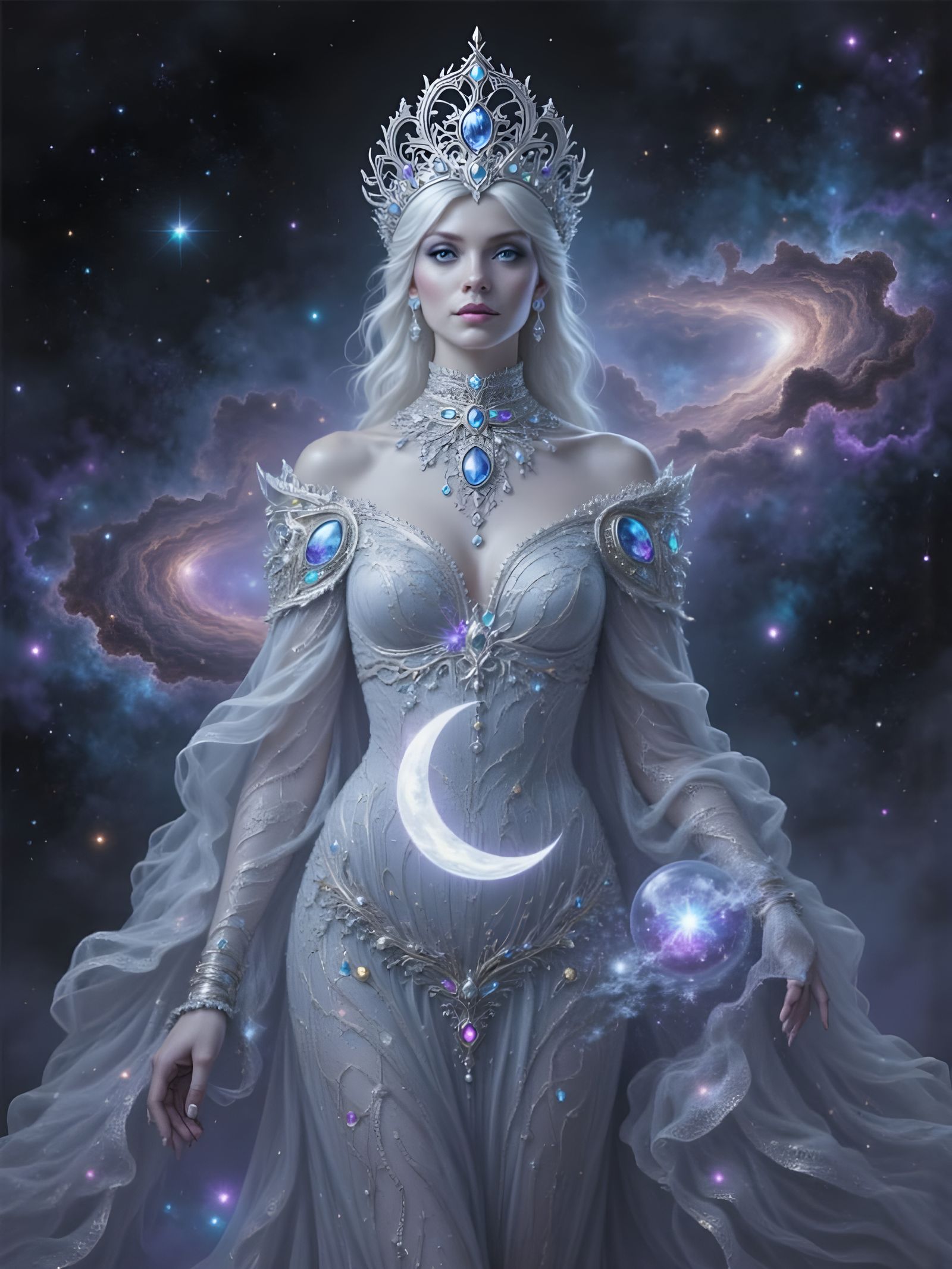 Space Queen Portrait: Moonlight Gown and Cosmic Wisdom
