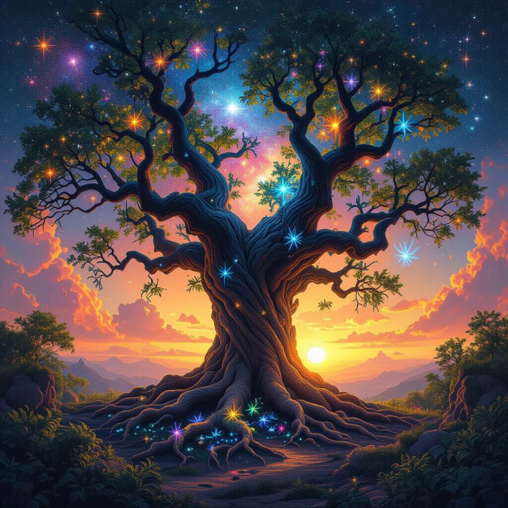 Cosmic Tree of Life at Binary Sunset