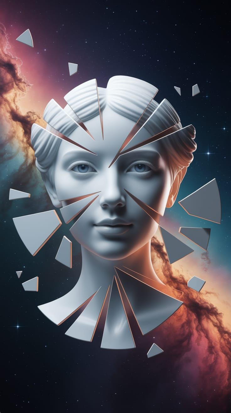 Porcelain Face Shatters in Celestial Space