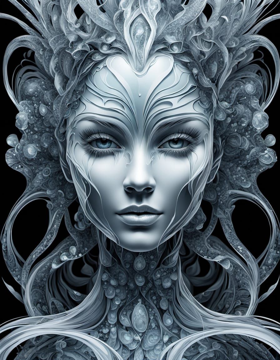 Surreal Ice Woman Portrait with Abstract Fractals