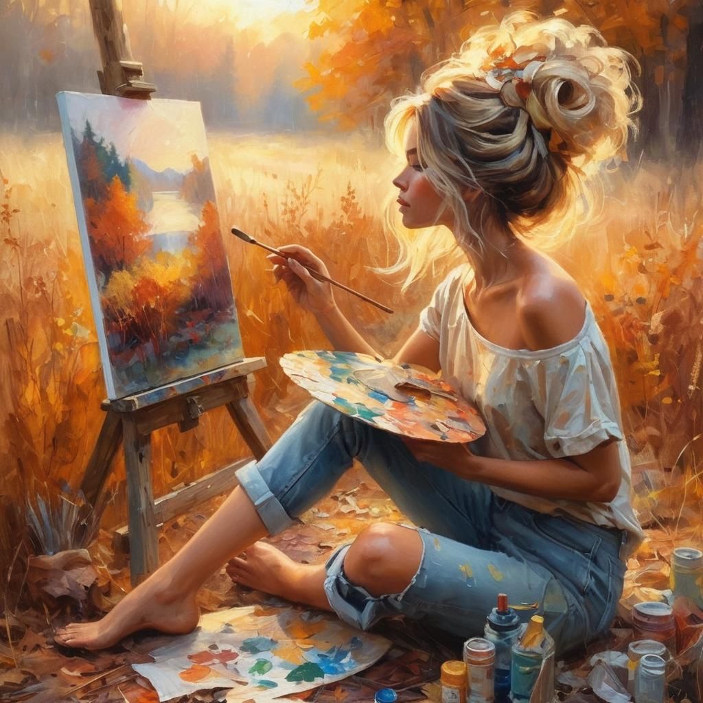 Woman in Autumn Forest Oil Painting