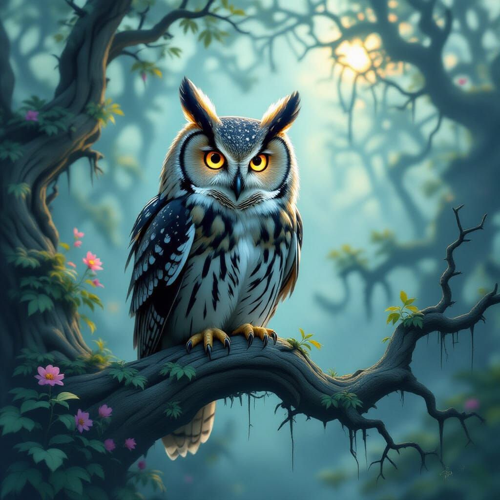 Wise Owl in Ethereal Forest Mist