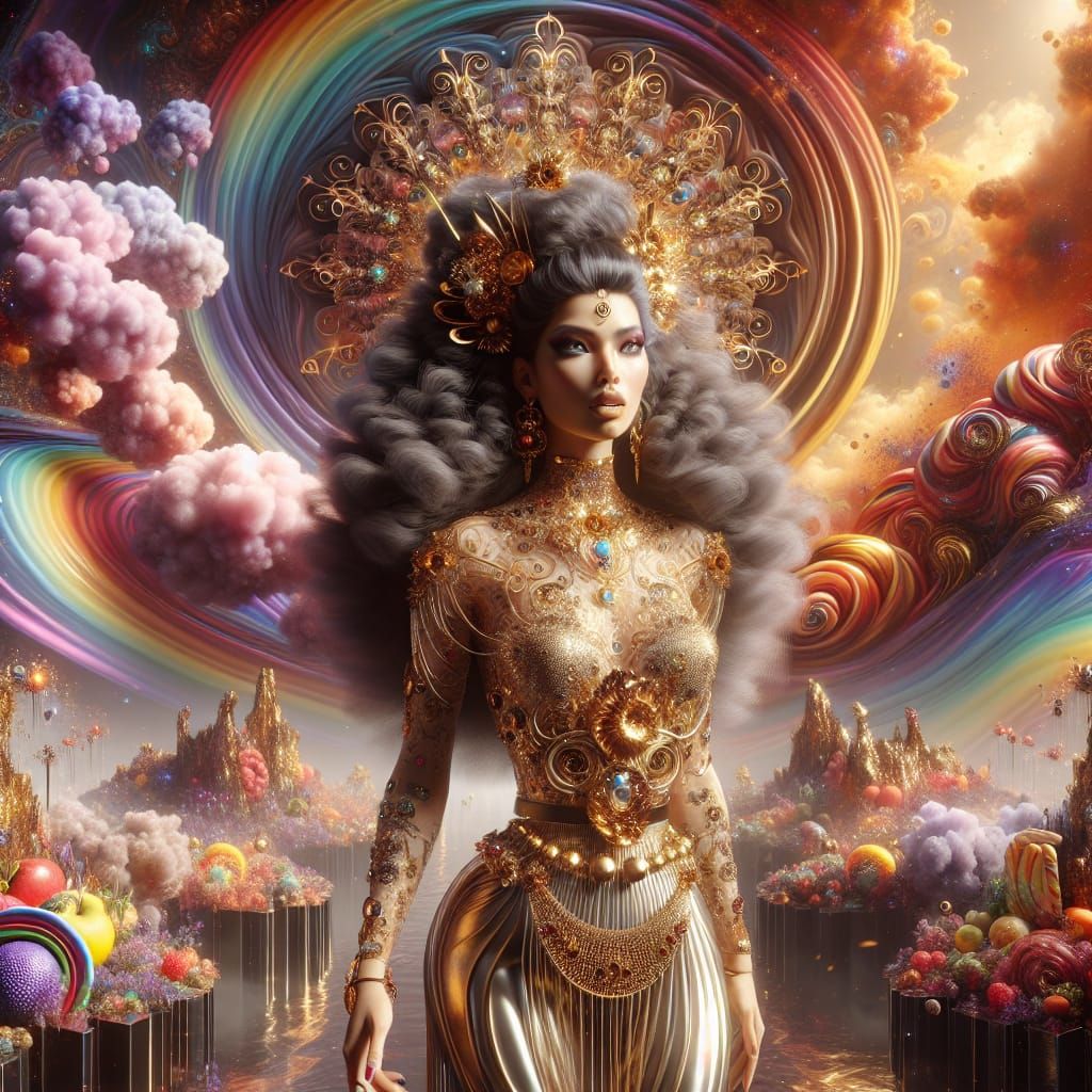 Doll-like Woman Amidst Candy Explosion in Fantasy Art