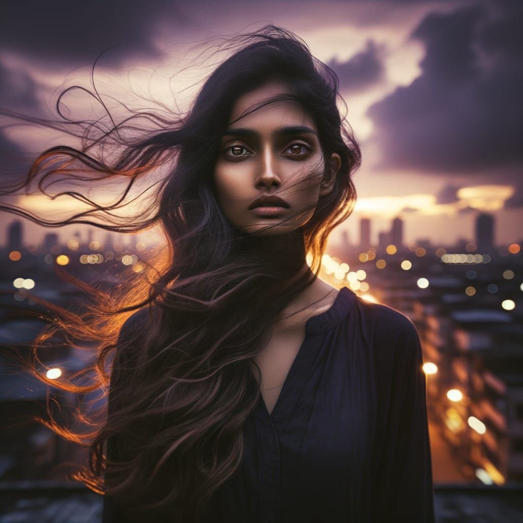Woman on Rooftop at Dawn, City Lights Fade