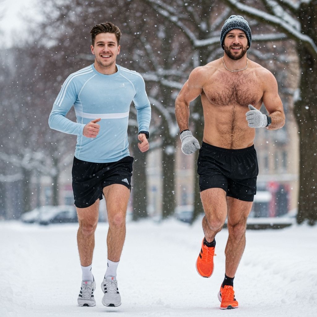 Two Men Running Joyfully Through Snowy Urban Park