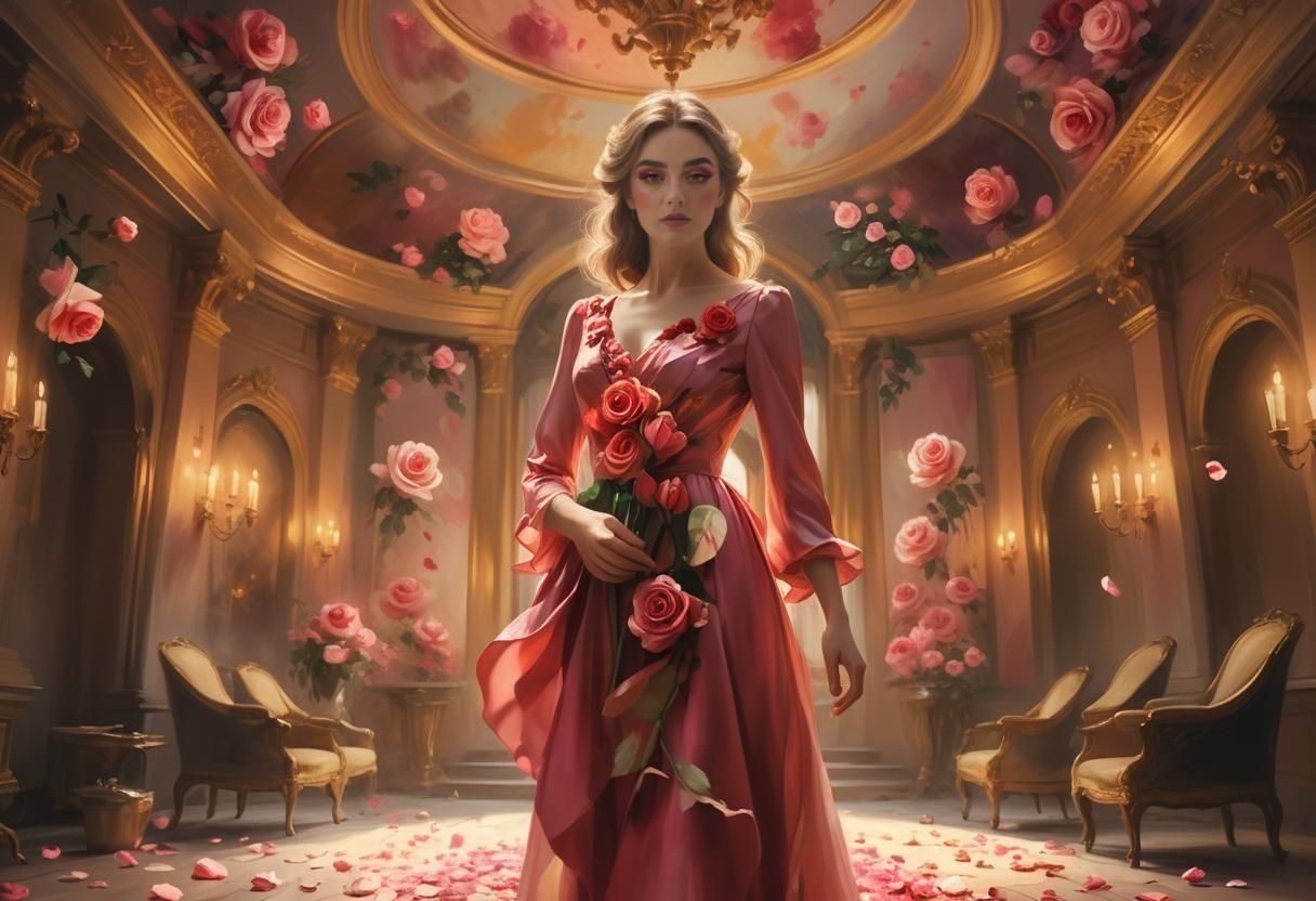 Woman Creating Roses with Rosy Dress and Makeup
