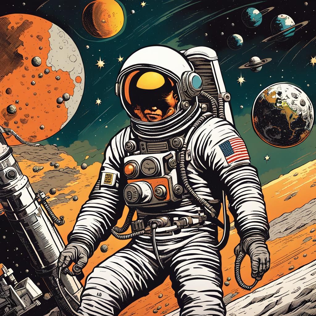 Retro-Futuristic Astronaut Refueling Rocket in Space