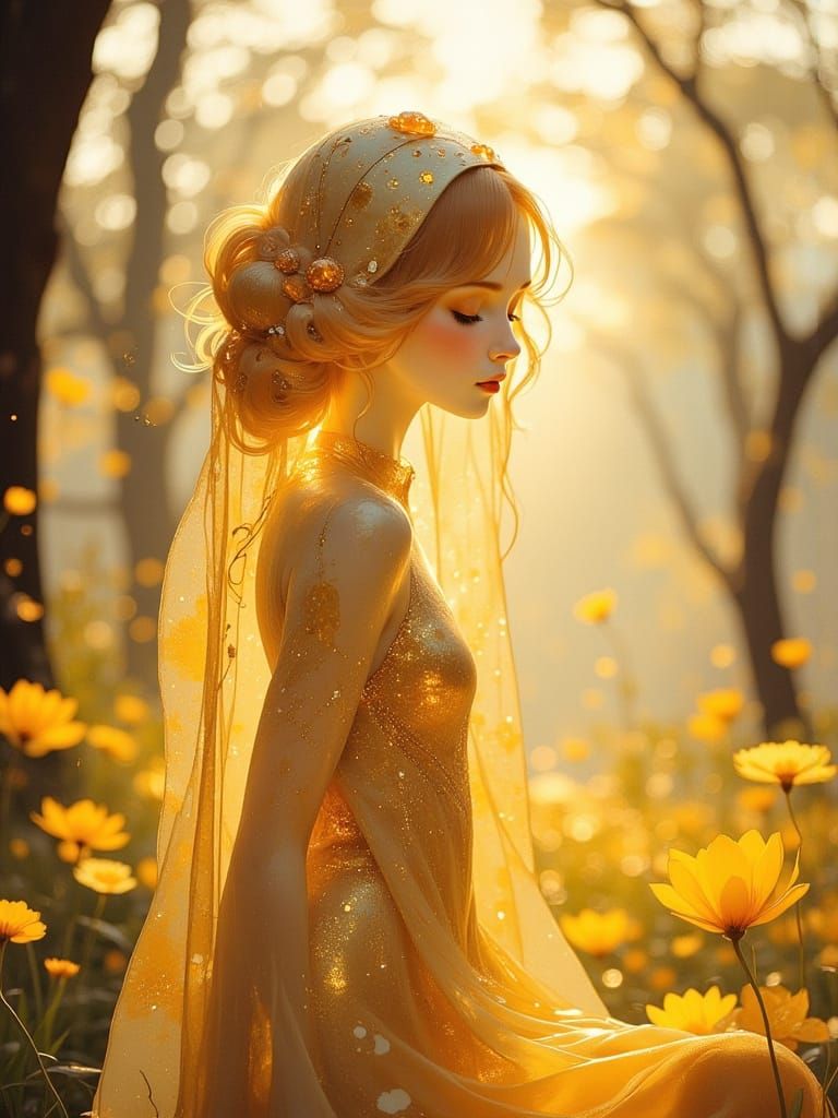 Golden Woman in Sunlit Meadow: 3D Illustration