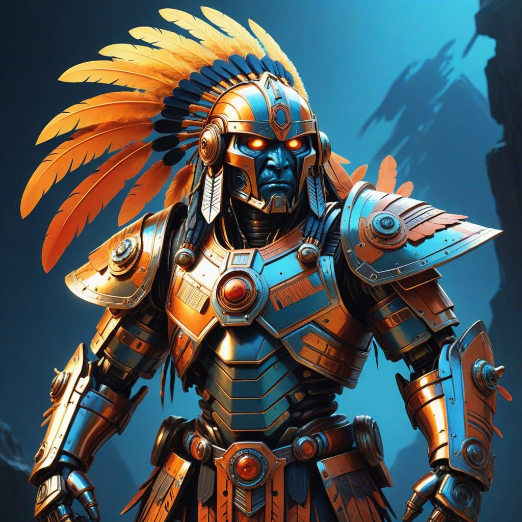 Cyberpunk Native American Chieftain Robot in Traditional Att...