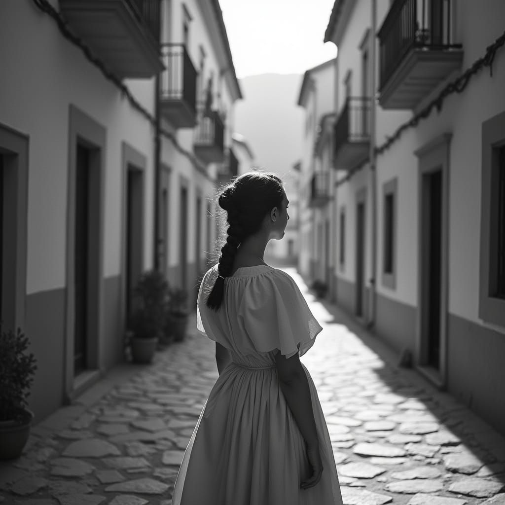 Sicilian Woman Walking in Village, Black and White Photograp...