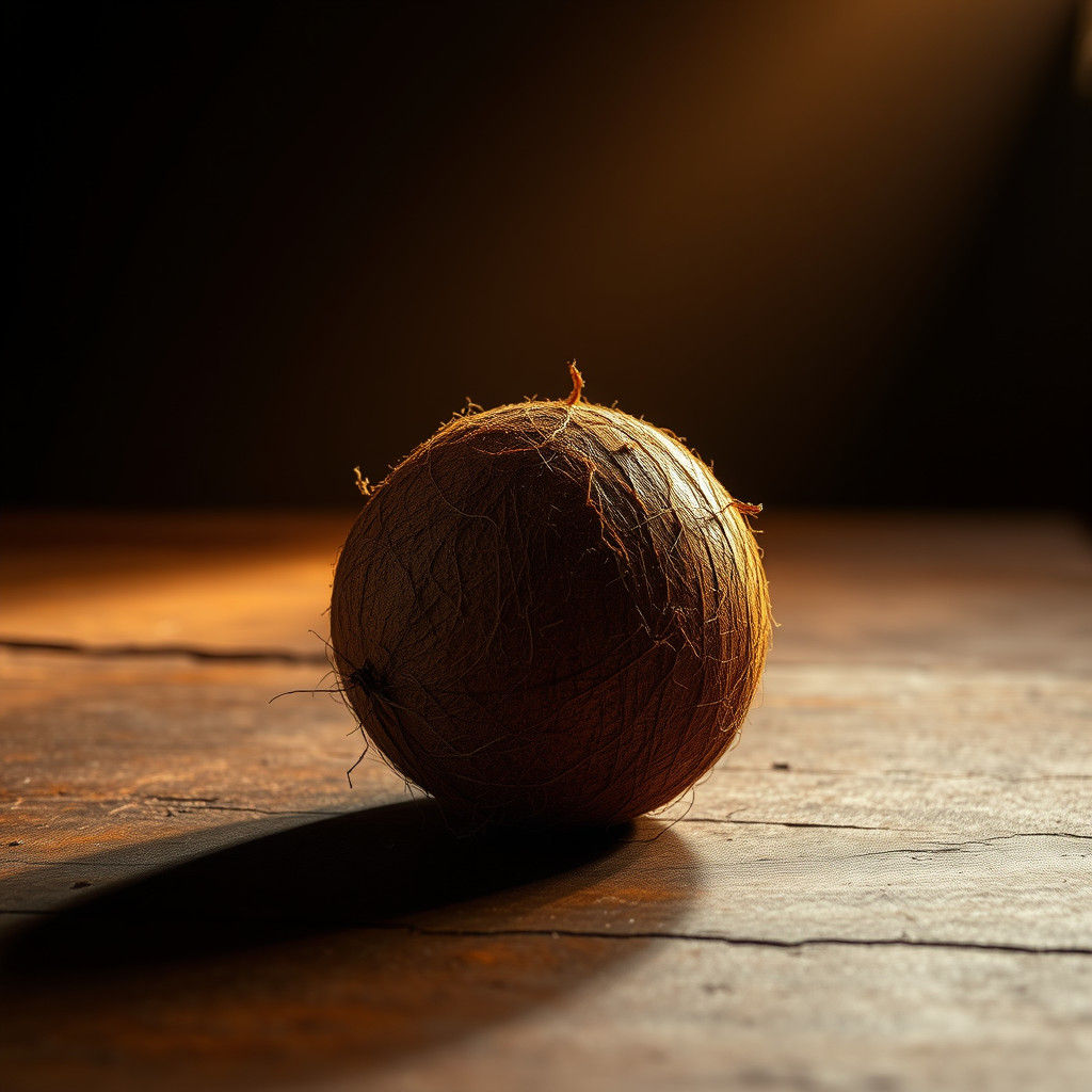Dramatic Still Life of Coconut on Driftwood