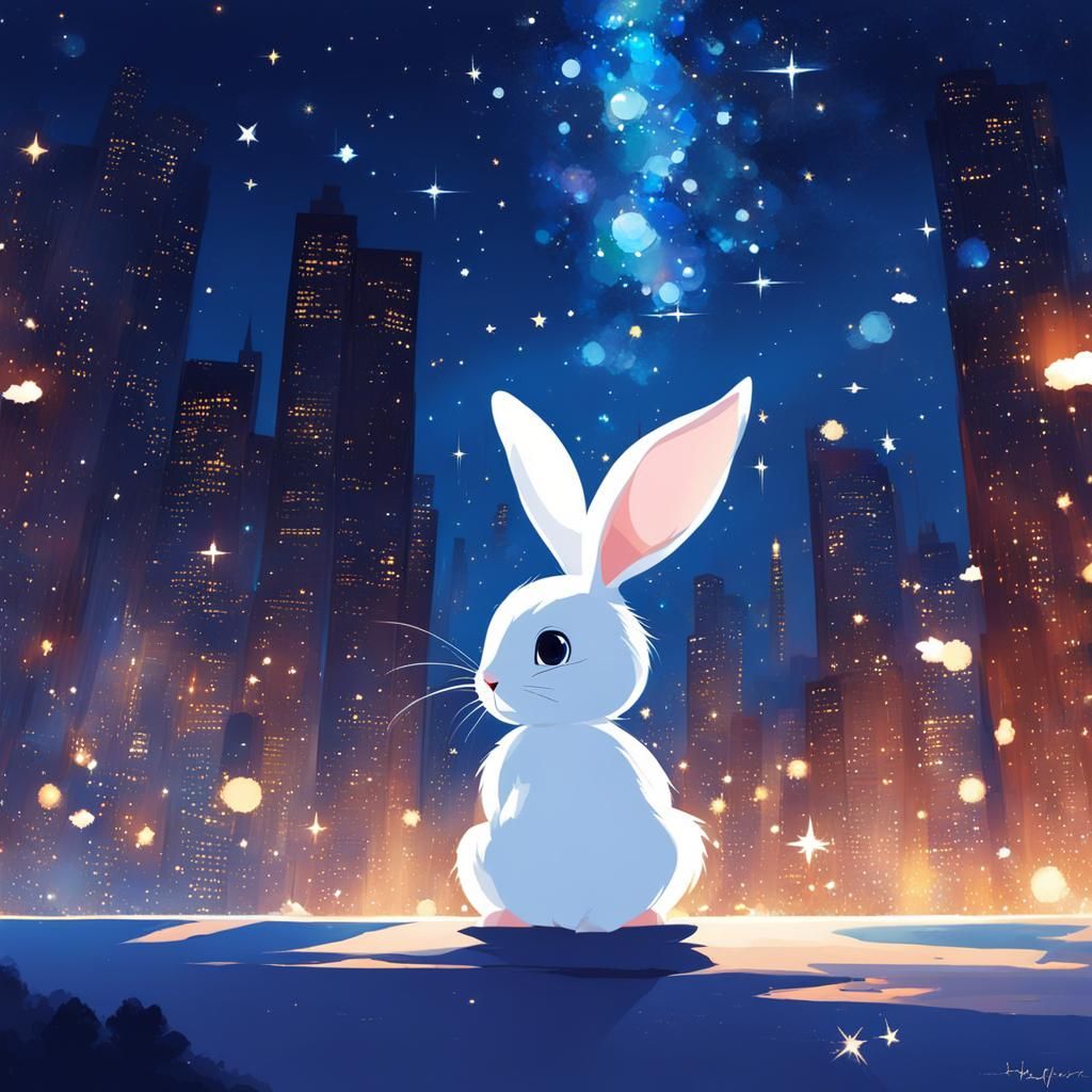 Starlight Bunny Under Night Sky, Painterly Style