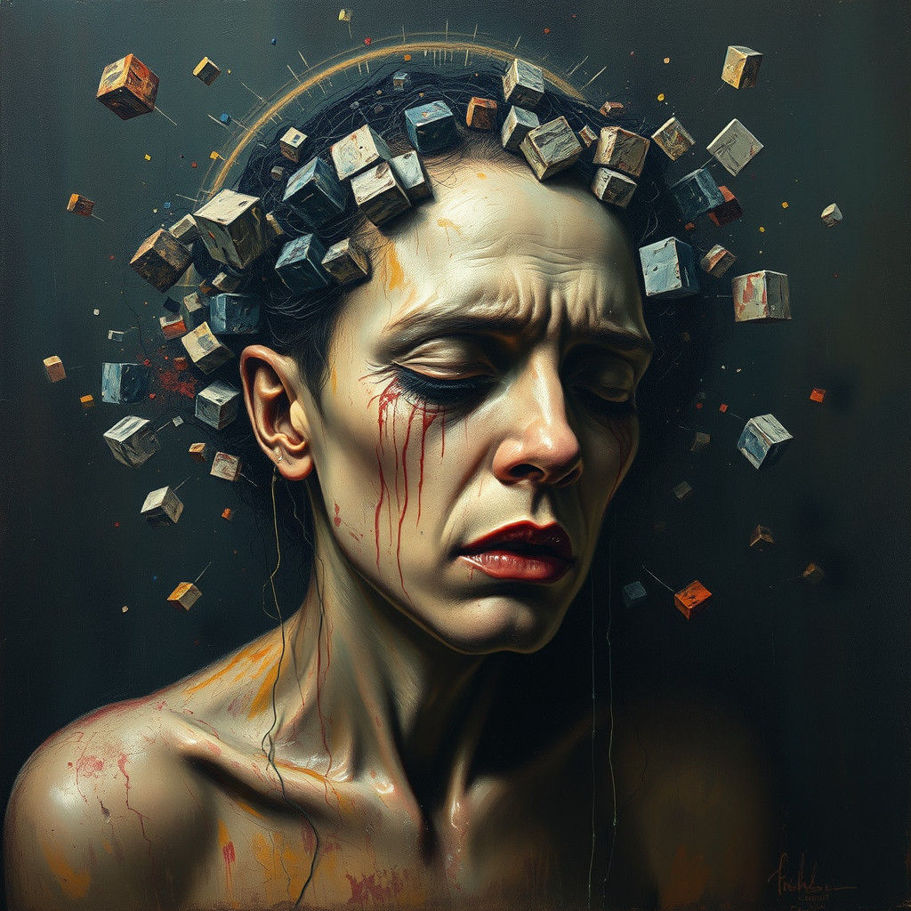 Tormented Figure Surrounded by Cubes: Oil Painting
