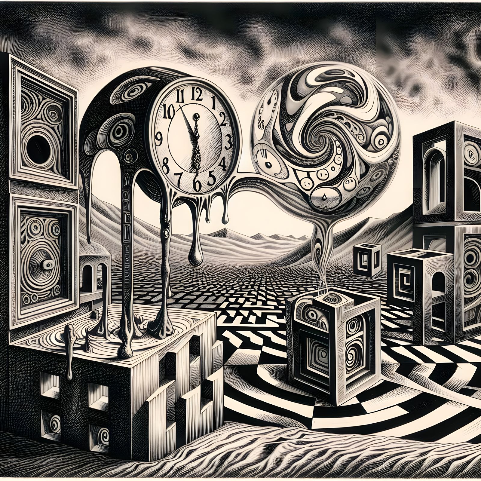 Surreal Etching: Geometric Patterns in Dreamlike Desert