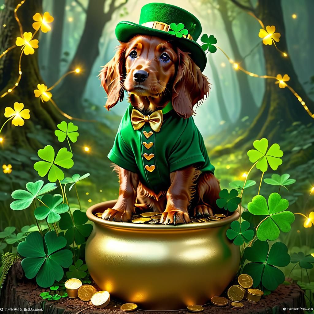 Leprechaun Irish Setter Puppy in Magical Forest