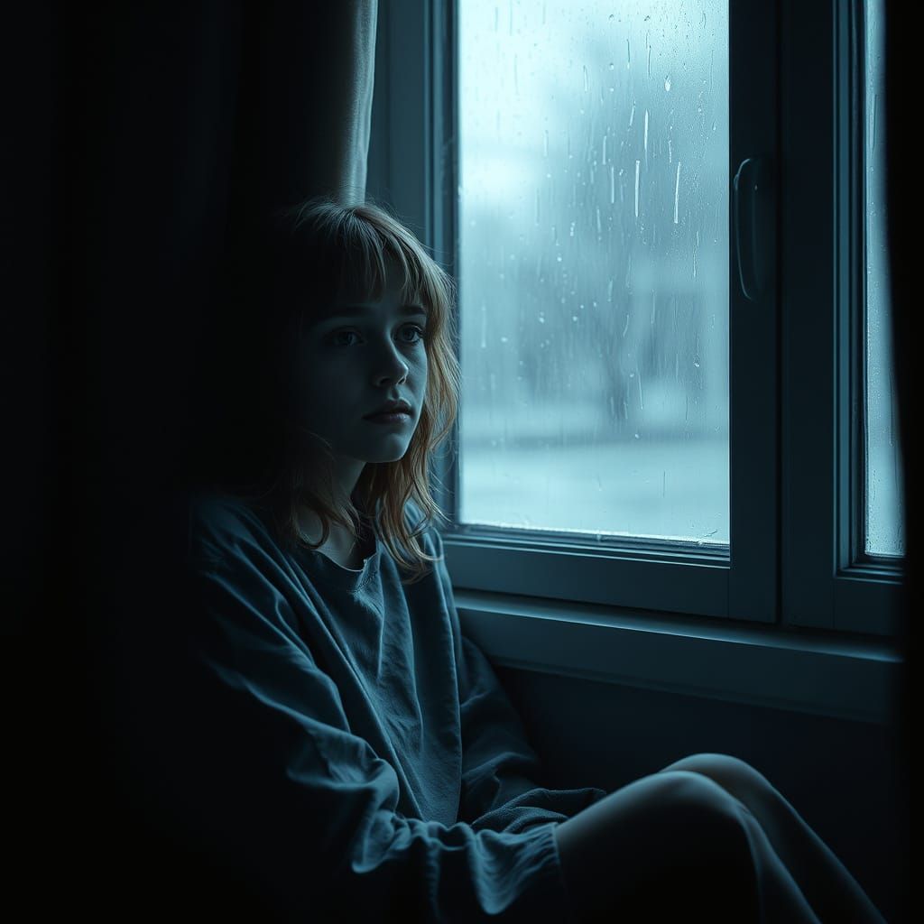 Melancholic Woman in Dim Room: Cinematic Realism