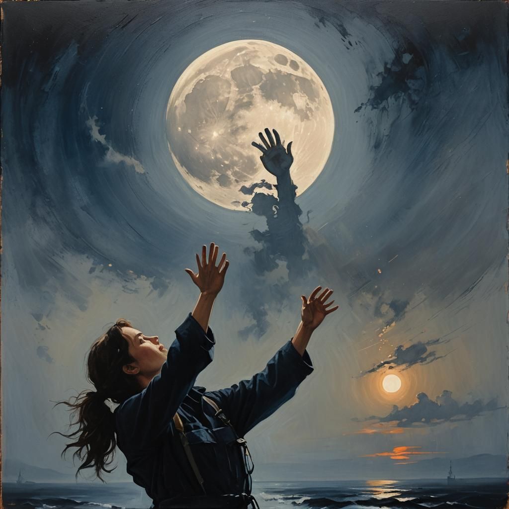 (Silhouette lady in black coveralls lifting her hands and re...