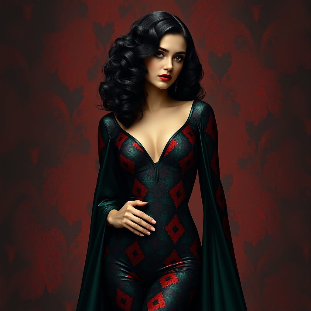 Glamorous Woman in High-Gloss Harlequin Bodysuit