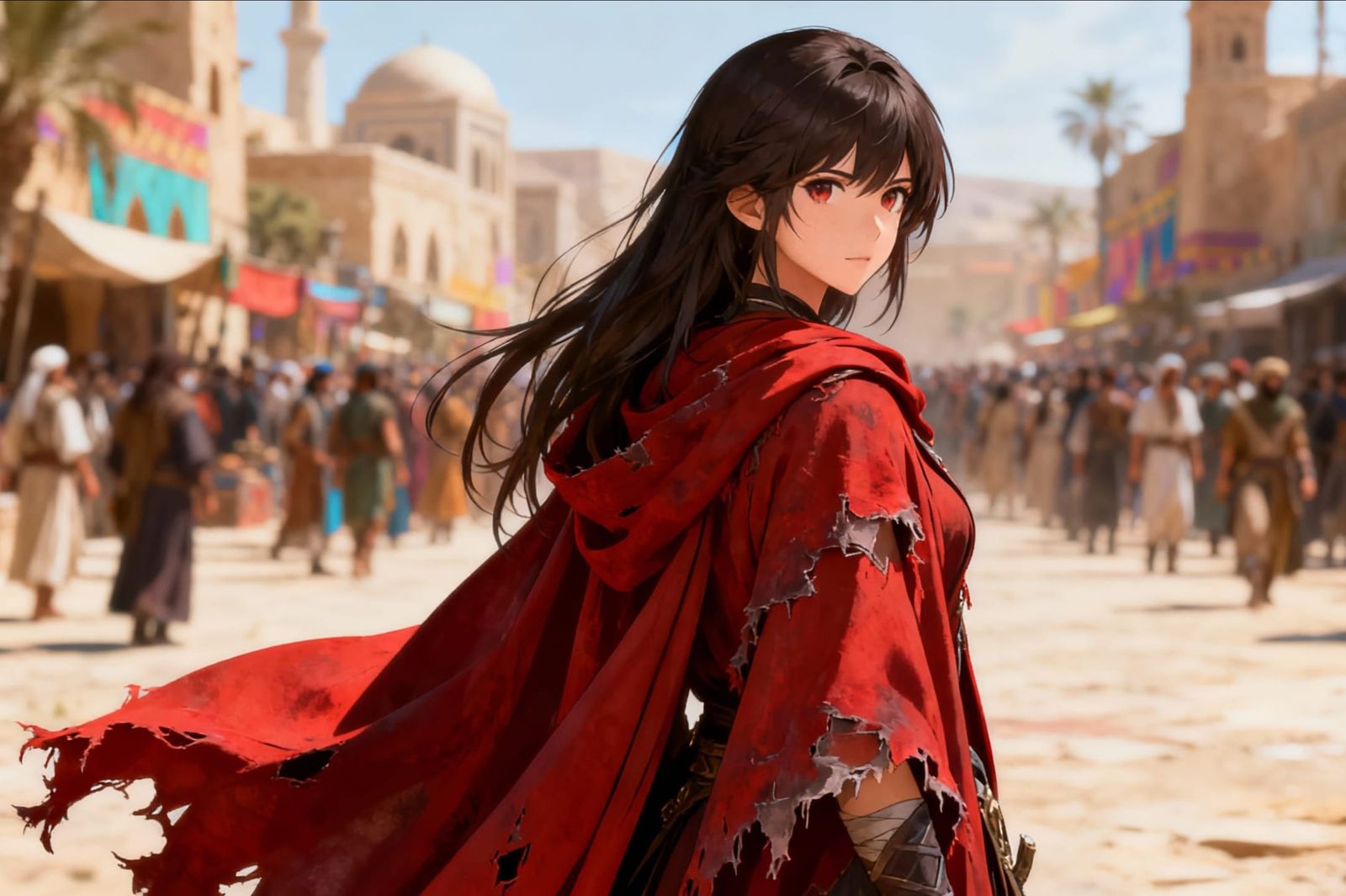 Woman in Red Cloak in Ancient Street, 3D Anime Style