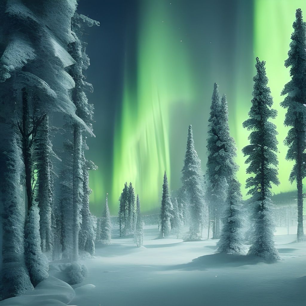 Aurora Over Snowy Spruce Forest, Digital Art