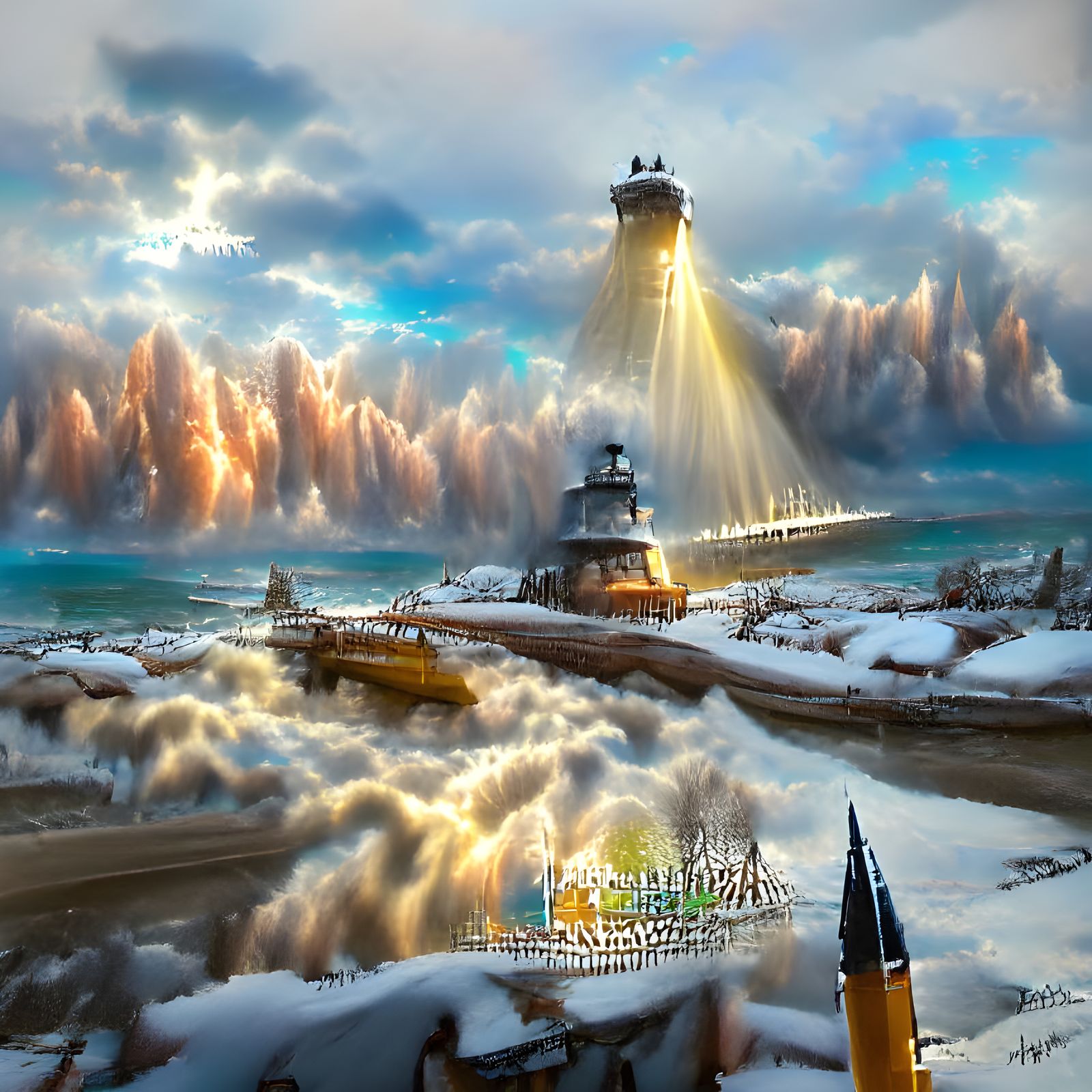 Icy Lighthouse Pier with Snowflakes in Paradise Sky