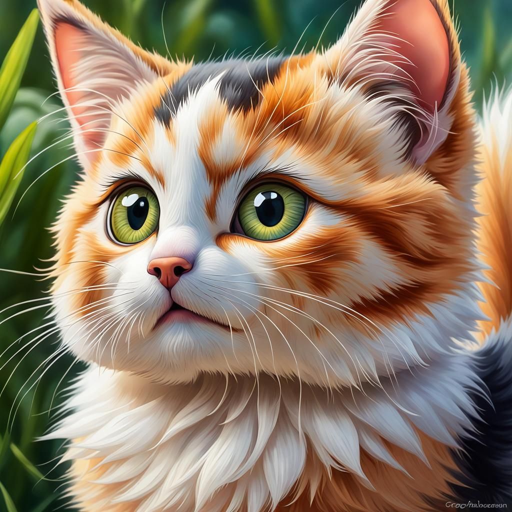 Pixar-Style Calico Kitten Caricature with Chibi Eyes