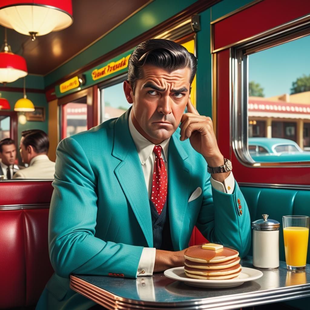 Irate Businessman Glaring at Breakfast in 50s Diner