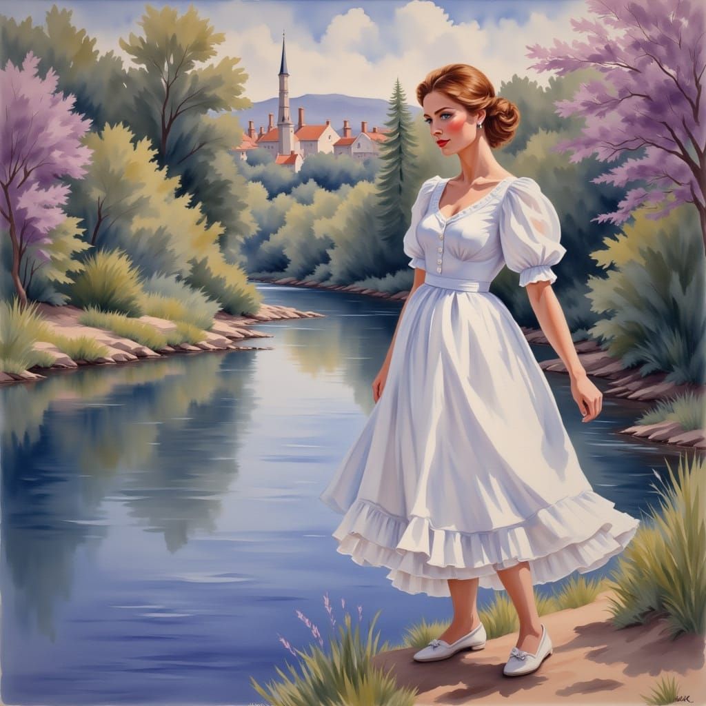 Woman by Lake at Dusk in Gouache Painting Style