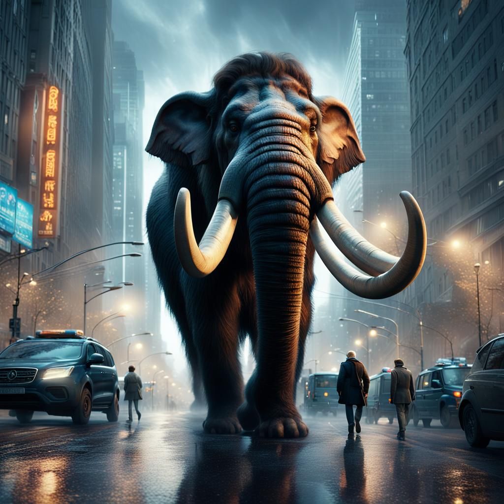 Woolly Mammoth Walking City Street as Digital Art