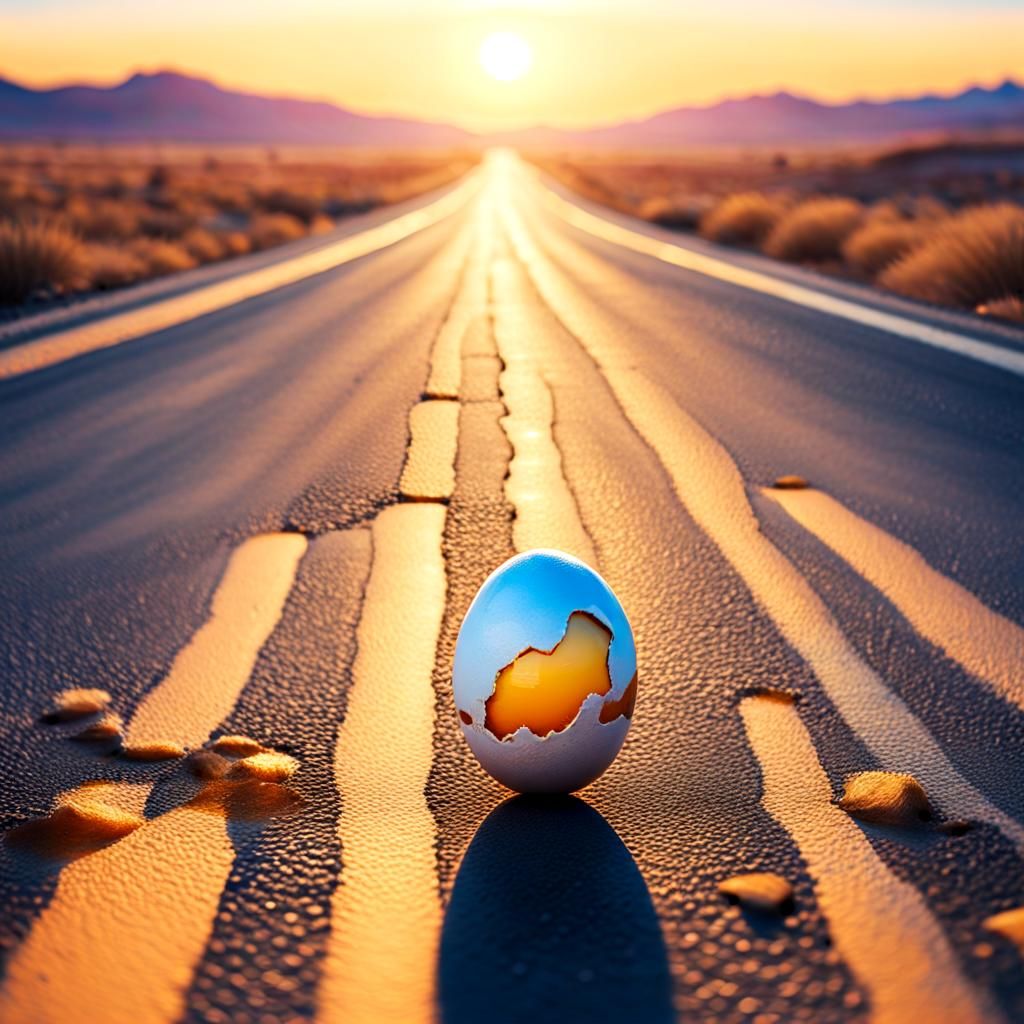 Surreal Egg Runs on Deserted Highway at Dawn
