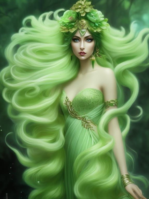 Sage Green Goddess Portrait in Flowing Watercolor Style