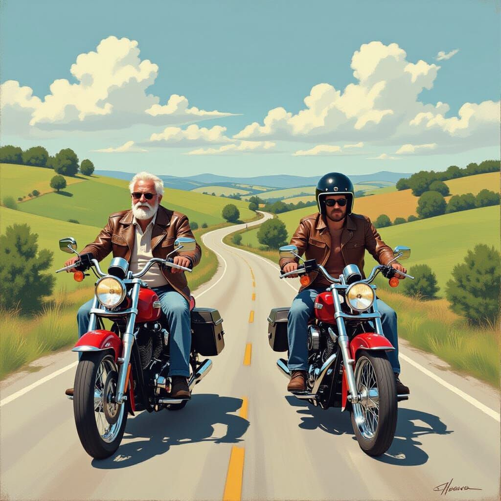 Father and Son Ride Motorcycles in Impressionist Landscape