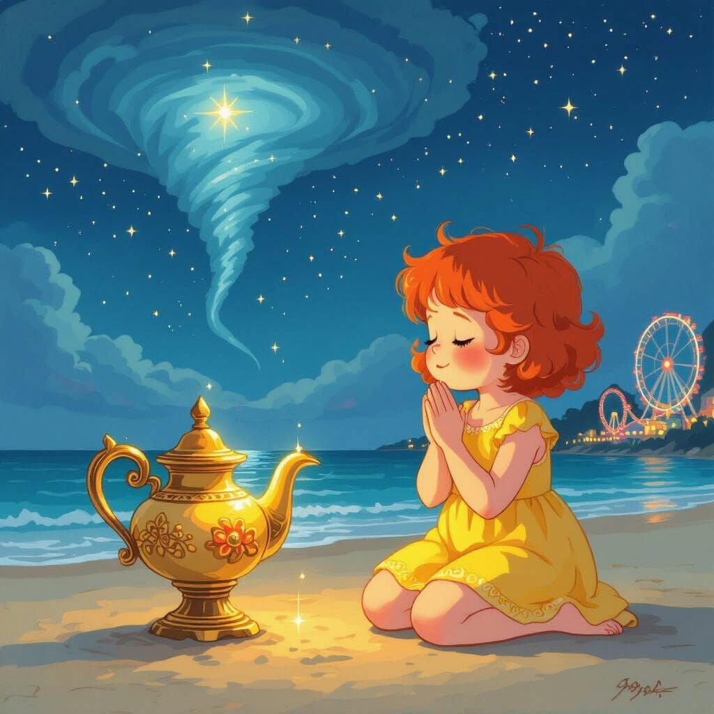 Child Praying at Beach with Genie Lamp