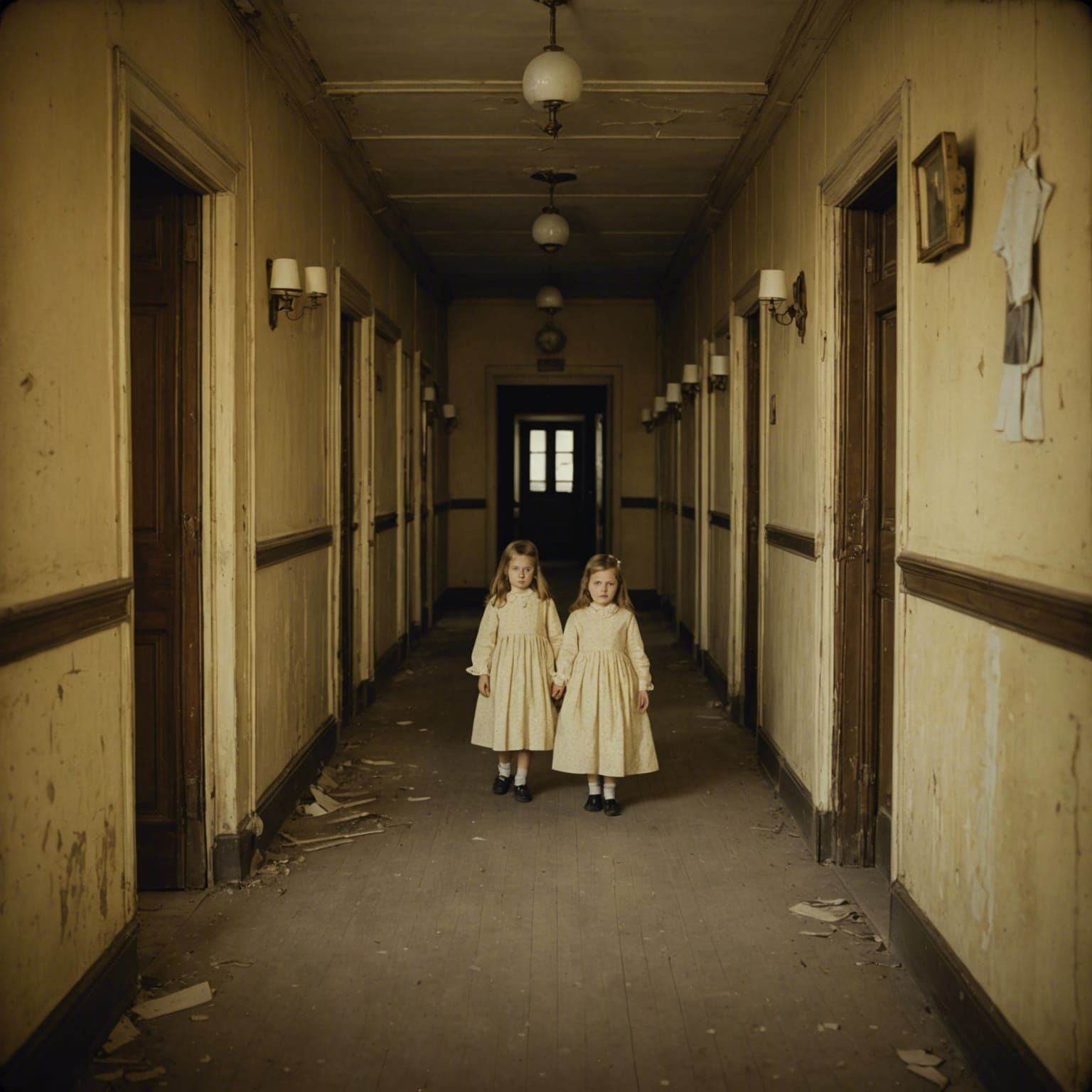 Ethereal Twin Ghosts in Abandoned Hotel Photo