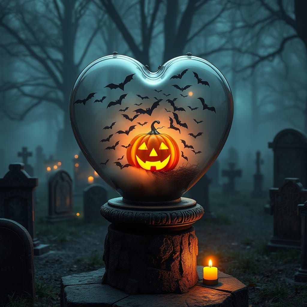 Spooky Graveyard Heart Scene in Hyperrealistic Style