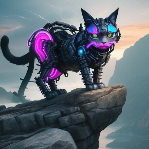 Metallic Cat on Rock in Futuristic Sci-Fi Art