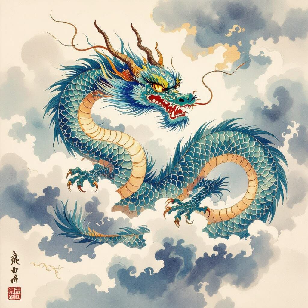 Majestic Oriental Dragon in Vibrant Ink Wash Style