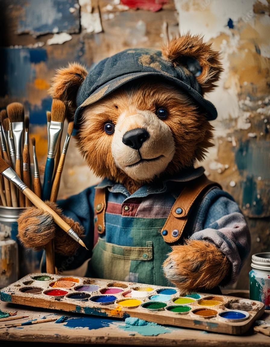 Vintage Teddy Bear Artist Painting a Portrait
