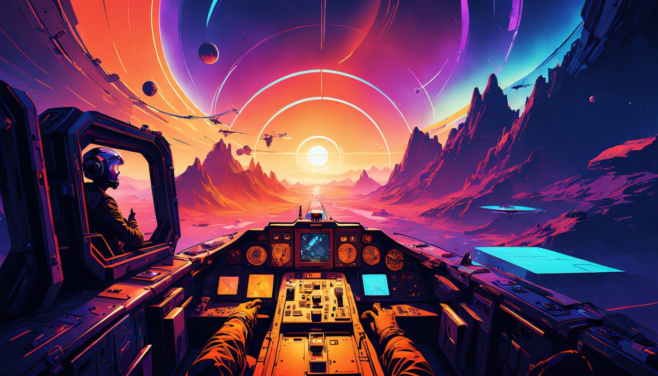 Atompunk Pilot in Neon Lit Cockpit