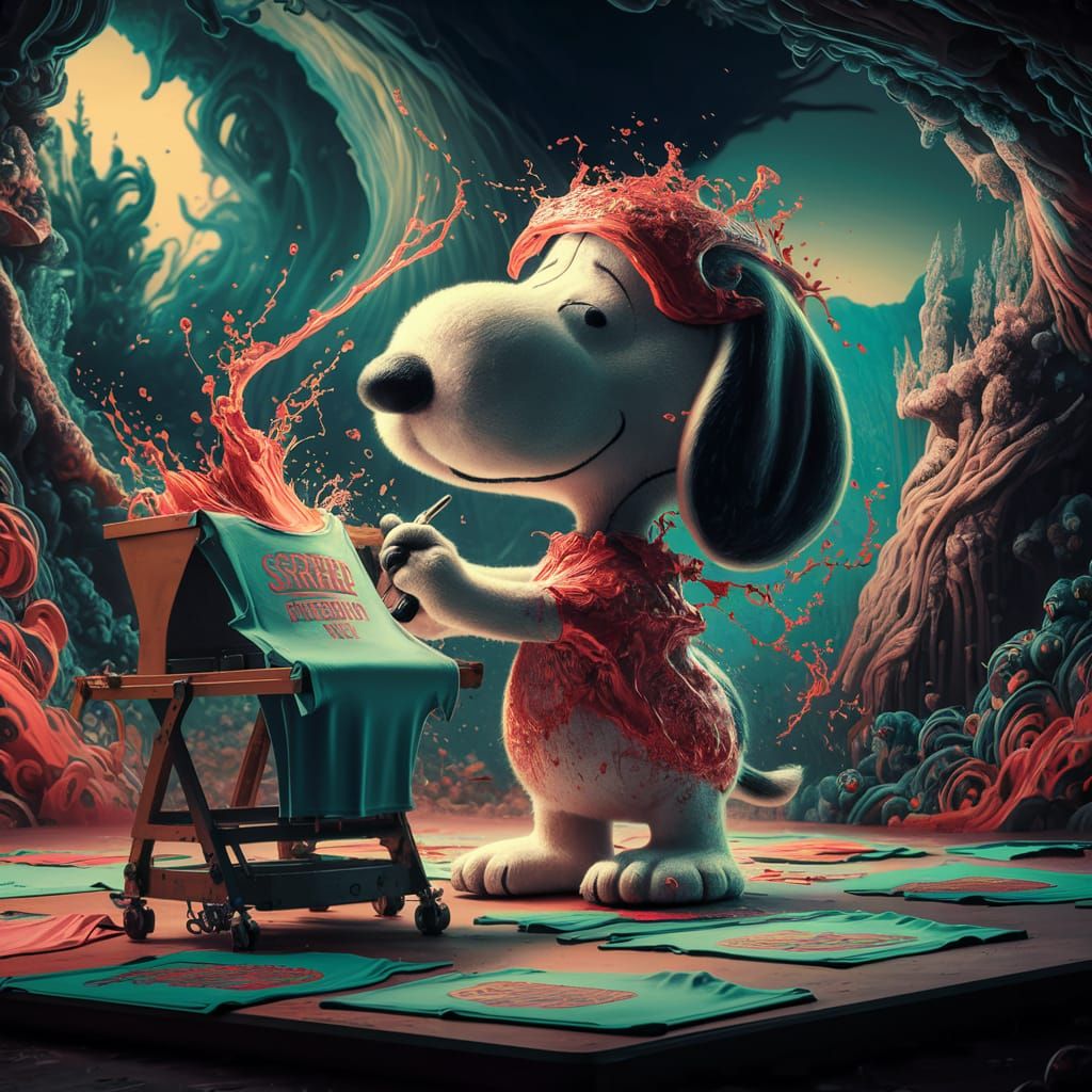 Snoopy Screen Printing T-Shirts in a Fantasy World