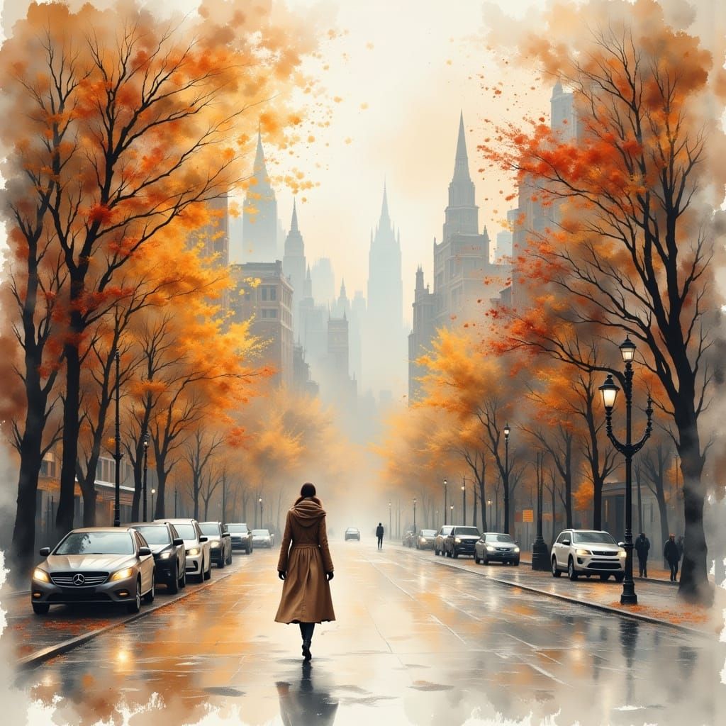 Autumn in New York City, in a Soft Watercolor Style